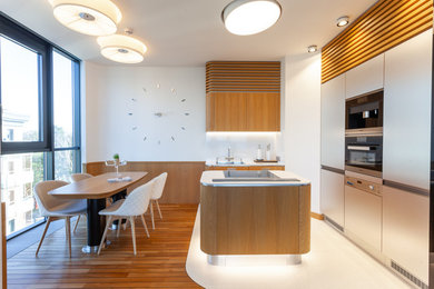 Moderne Wohnküche mit Unterbauwaschbecken, flächenbündigen Schrankfronten, grauen Schränken, schwarzen Elektrogeräten, Kücheninsel und weißer Arbeitsplatte in Sonstige