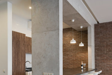 Стильный дизайн: параллельная кухня-гостиная в современном стиле с плоскими фасадами, паркетным полом среднего тона, полуостровом и коричневым полом - последний тренд