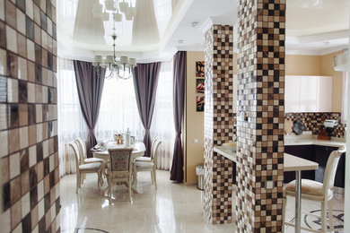 Medium sized contemporary kitchen/dining room in Saint Petersburg with ceramic flooring.