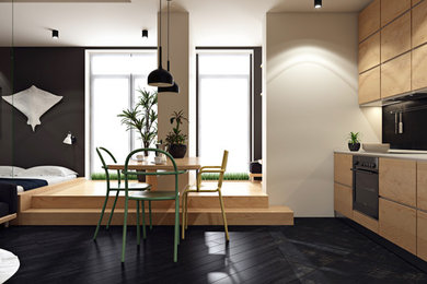 Esempio di una piccola cucina design con lavello sottopiano, ante lisce, ante in legno chiaro, top in superficie solida, paraspruzzi nero, paraspruzzi con piastrelle in ceramica e pavimento con piastrelle in ceramica