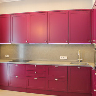 Inspiration for a mid-sized transitional l-shaped separate kitchen in Moscow with shaker cabinets, purple cabinets, solid surface benchtops, grey splashback, stone slab splashback, stainless steel appliances, light hardwood floors, no island and grey benchtop.