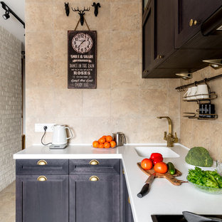 Inspiration for a small transitional single-wall separate kitchen in Moscow with an integrated sink, recessed-panel cabinets, dark wood cabinets, beige splashback, stainless steel appliances, no island and beige floor.