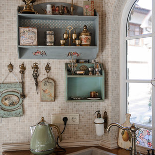 Small shabby-chic style single-wall eat-in kitchen in Novosibirsk with beige cabinets, beige splashback, no island, a double-bowl sink and mosaic tile splashback.