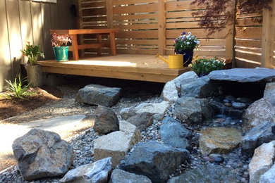 This is an example of a small asian shade backyard stone water fountain landscape in Other.