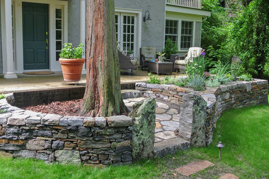 Geometrischer, Mittelgroßer Klassischer Garten hinter dem Haus mit Kübelpflanzen, direkter Sonneneinstrahlung und Natursteinplatten in Sonstige