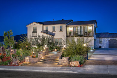 サンディエゴにある広い地中海スタイルのおしゃれな裏庭 (ゼリスケープ、庭への小道、コンクリート敷き	) の写真