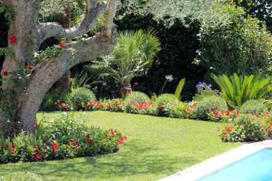 Diseño de jardín mediterráneo con parterre de flores y exposición total al sol
