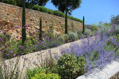 Diseño de acceso privado mediterráneo con muro de contención y exposición total al sol