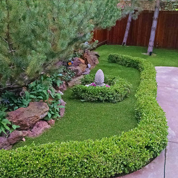 Artificial Grass Installed Around a Hedge in Arvada
