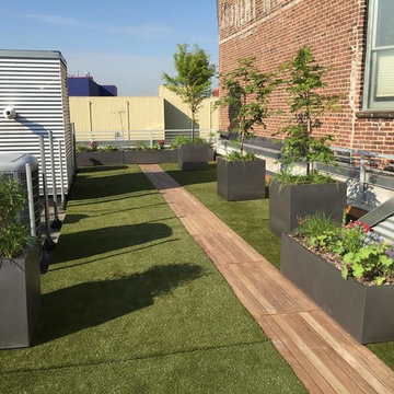 artificial turf, ipe deck tiles, planters