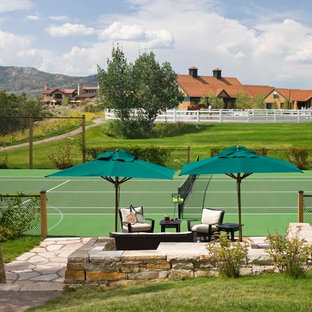 Large mediterranean backyard full sun outdoor sport court in Denver for spring.