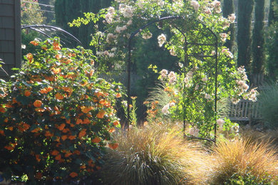 Aménagement d'un jardin classique de taille moyenne et au printemps avec une exposition ensoleillée et du gravier.