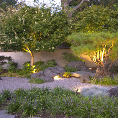Design ideas for an asian backyard gravel landscaping in San Francisco.