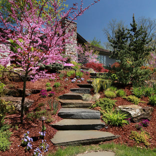 Esempio di un giardino formale chic esposto in pieno sole di medie dimensioni e dietro casa con un ingresso o sentiero e pavimentazioni in pietra naturale
