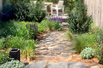 Backyard meadow garden path & dining area