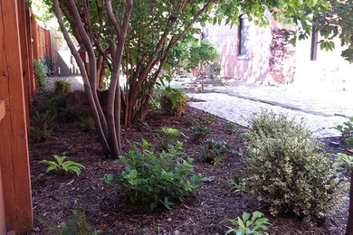 Kleiner Klassischer Garten hinter dem Haus mit direkter Sonneneinstrahlung und Pflastersteinen in St. Louis