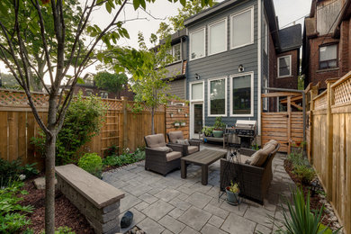 Идея дизайна: маленький двор на заднем дворе в стиле кантри с мощением тротуарной плиткой для на участке и в саду