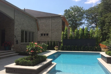 Photo of a contemporary back formal garden for summer in Toronto with a water feature and concrete paving.