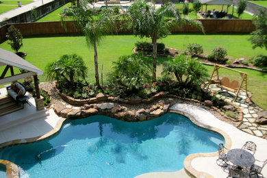Imagen de jardín tropical en verano en patio trasero con exposición total al sol y adoquines de piedra natural