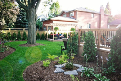 Diseño de jardín tradicional grande en verano en patio trasero con jardín francés, fuente, exposición parcial al sol y adoquines de hormigón