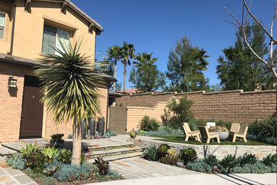 Modelo de jardín de secano actual de tamaño medio en primavera en patio delantero con camino de entrada, exposición total al sol y adoquines de piedra natural
