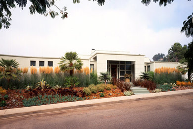 ロサンゼルスにある広いトランジショナルスタイルのおしゃれな前庭 (ゼリスケープ、半日向、コンクリート敷き	) の写真