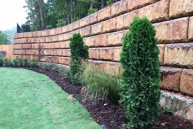 Diseño de jardín tradicional de tamaño medio en patio trasero con muro de contención, exposición total al sol y mantillo