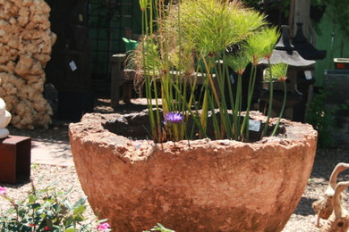 Modelo de jardín ecléctico en patio trasero con exposición total al sol y gravilla