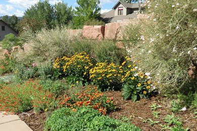 This is an example of a large southwestern full sun hillside stone garden path in Denver for summer.