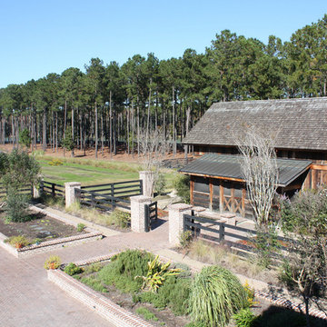 Brick courtyard and garden shed