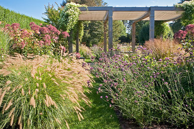 Imagen de jardín contemporáneo extra grande en verano en patio trasero con exposición total al sol