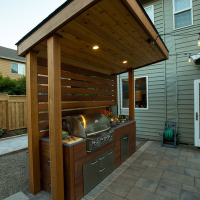 Inspiration for a large contemporary full sun backyard stone landscaping in Portland.