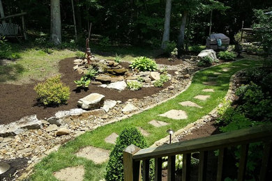 Imagen de camino de jardín clásico de tamaño medio en verano en patio delantero con jardín francés, exposición parcial al sol y adoquines de piedra natural
