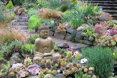 サンフランシスコにある地中海スタイルのおしゃれな前庭 (ゼリスケープ、砂利舗装、庭への小道) の写真
