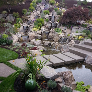 Camas Gray and Windswept  boulders, rock garden and pond
