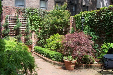 ニューヨークにあるお手頃価格の小さなトランジショナルスタイルのおしゃれな中庭 (庭への小道、日向、レンガ敷き) の写真