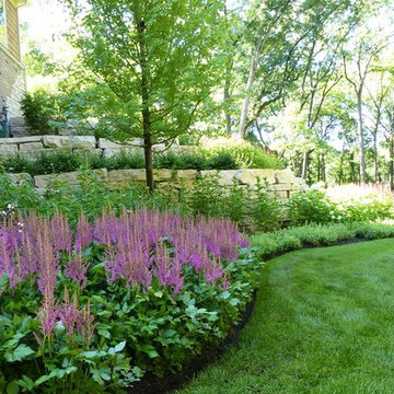 Closeup of astilbe bed with large outcropping retaining wall