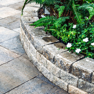 Closeup of stone tree ring planter and patio stone