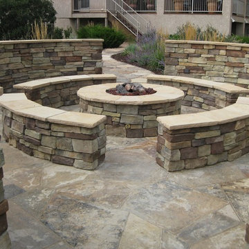 Concentric fire pit, seat wall, and courtyard wall