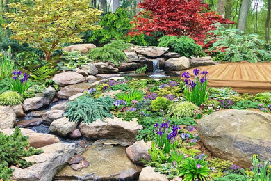 Design ideas for a large rustic partial sun backyard water fountain landscape in DC Metro.
