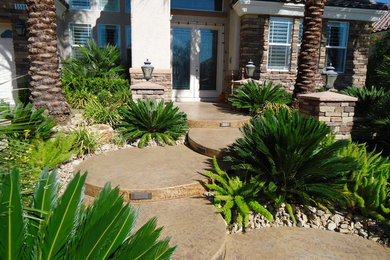 Diseño de camino de jardín mediterráneo grande en verano en patio delantero con exposición parcial al sol y adoquines de piedra natural