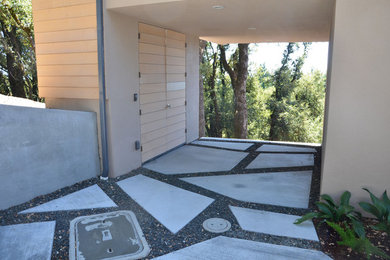 Ejemplo de acceso privado contemporáneo de tamaño medio en patio delantero con exposición reducida al sol y adoquines de hormigón