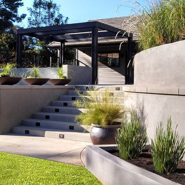 Concrete retaining walls and wood trellis