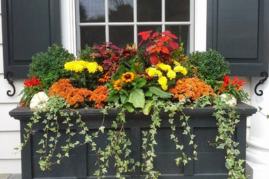 Inspiration for a large classic front formal full sun garden for autumn in New York with a potted garden.