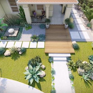 Contemporary Dry-Tolerant Front Yard  | Water Features & Stepping Stones