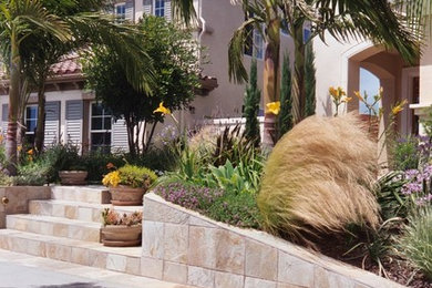 Diseño de jardín de secano contemporáneo de tamaño medio en patio delantero con muro de contención, exposición total al sol y adoquines de piedra natural