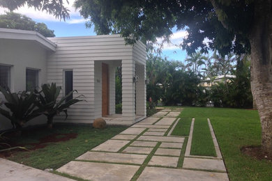 Immagine di un giardino formale minimalista esposto in pieno sole di medie dimensioni e davanti casa con un ingresso o sentiero e pavimentazioni in cemento