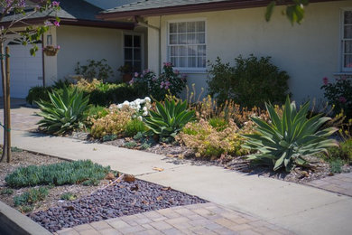 Design ideas for a mid-sized transitional drought-tolerant and full sun front yard brick landscaping in Orange County for summer.