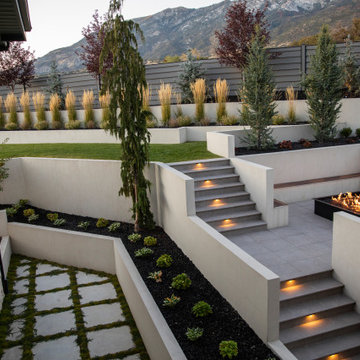 Modern Retaining Walls And Stairs With Firepit