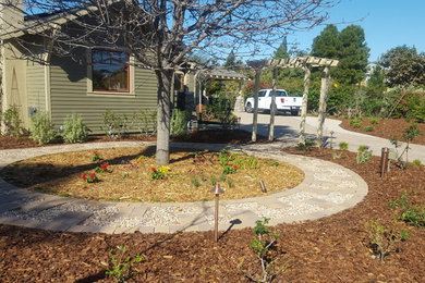 Inspiration för mellanstora amerikanska formella trädgårdar i full sol framför huset på sommaren, med en trädgårdsgång och marktäckning